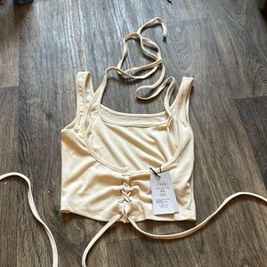 Cider top, double layer look, lace up front, halter tie. XS, NWT